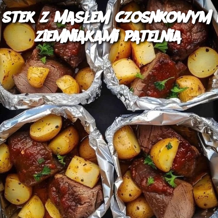 stek z masłem czosnkowym i ziemniakami patelnia