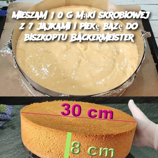 Mieszam 150 g mąki skrobiowej z 7 jajkami i piekę bazę do biszkoptu Bäckermeister